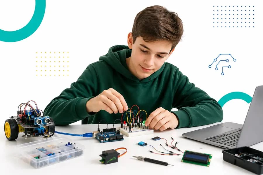 Подросток собирает электронную схему на Arduino